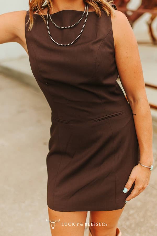 Dark Brown Boat Neck Luxury Feel Everyday Dress