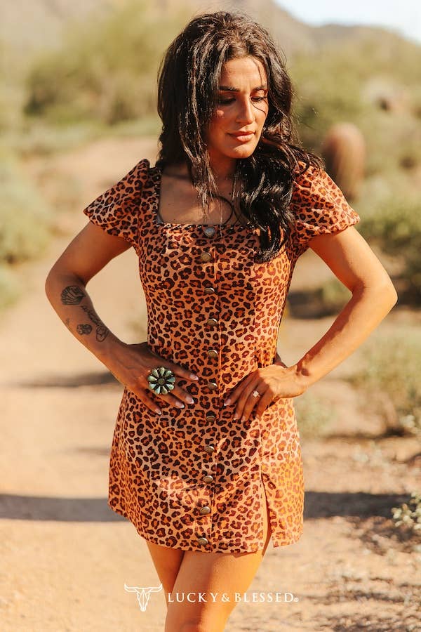 Leopard Print Western Mini Dress with Puff Sleeves