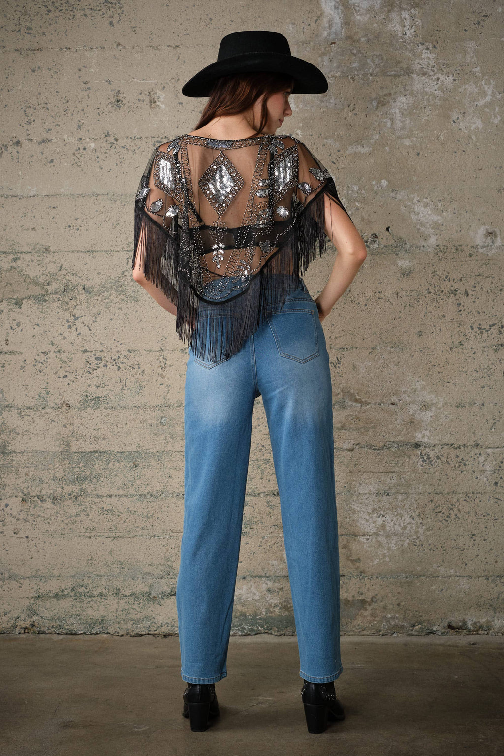 Black Sequin Beaded Fringe Mesh Cape