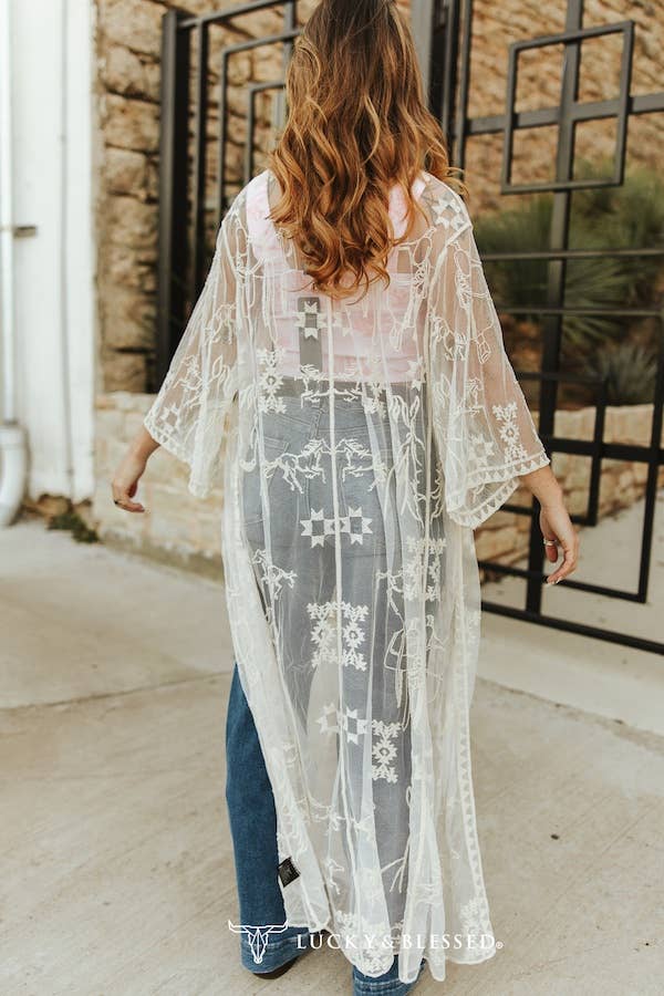 Ivory Western Embroidered Mesh Lace Duster