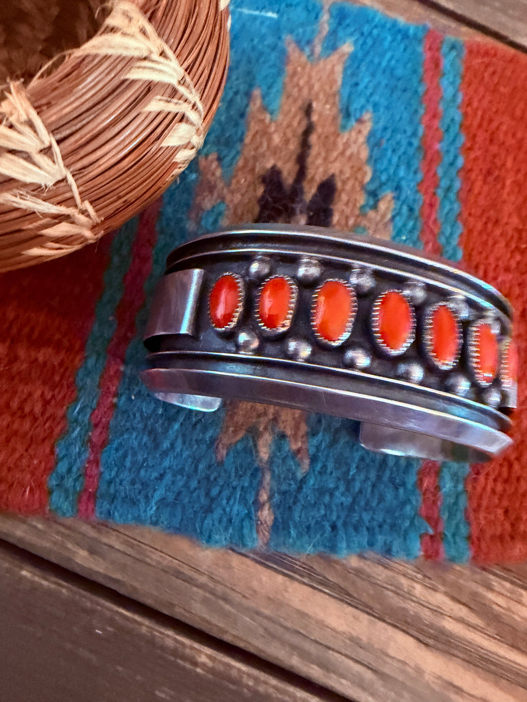 Handcrafted Old Pawn Sterling Silver & Coral Cuff Bracelet