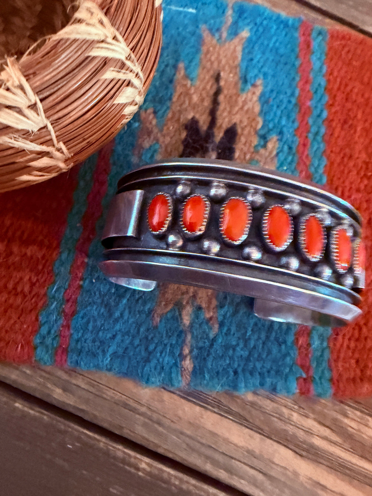 Handcrafted Old Pawn Sterling Silver & Coral Cuff Bracelet