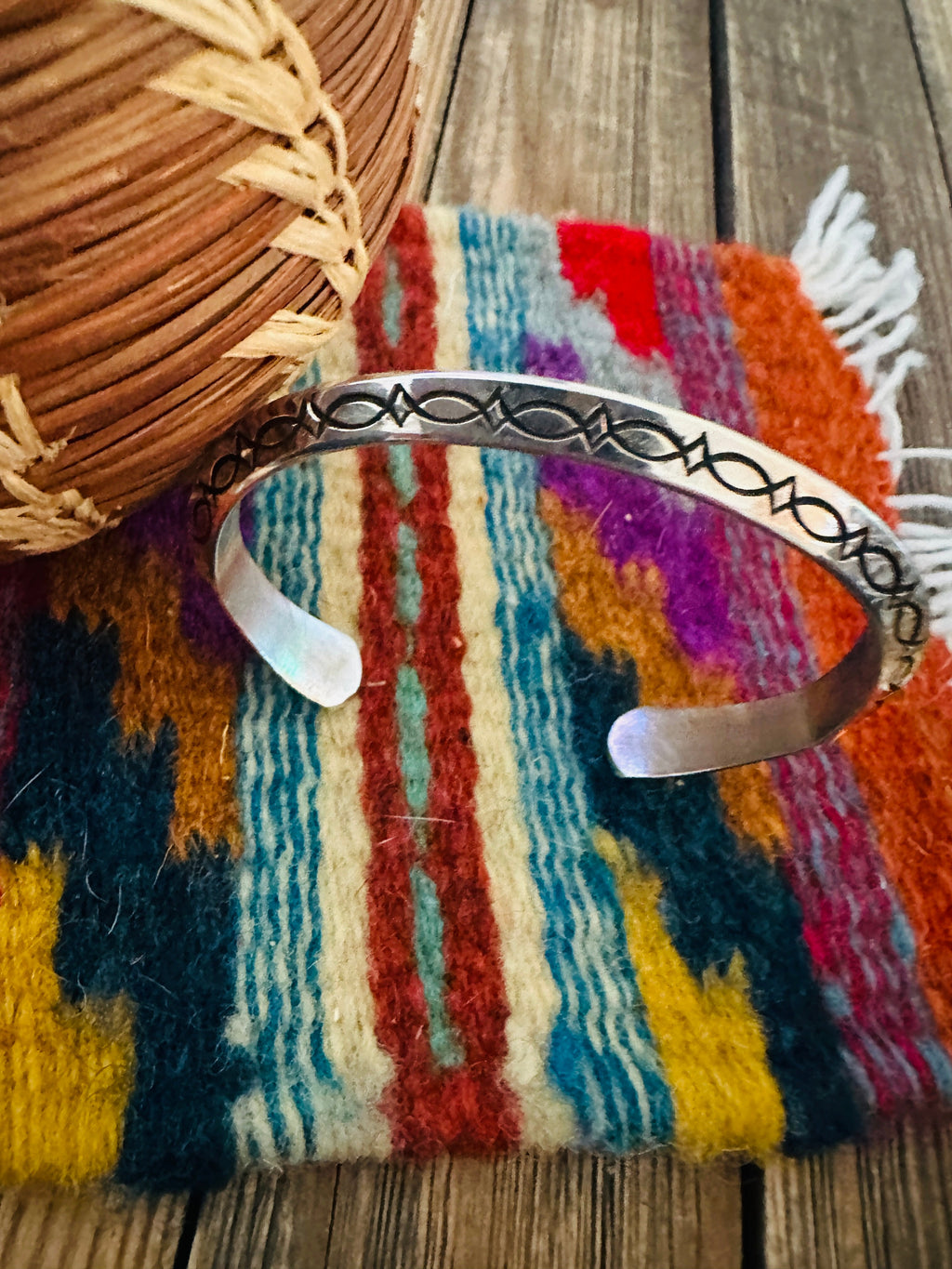Hand Stamped Sterling Silver Cuff Bracelet by Wylie Secatero