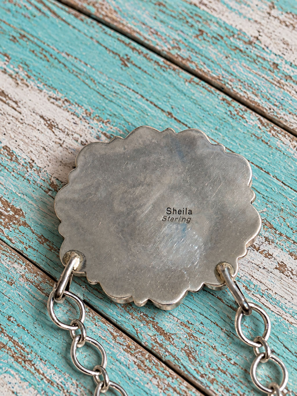 Handcrafted Queen Pink Conch Shell And Sterling Silver Necklace Signed Sheila- Darker Stone