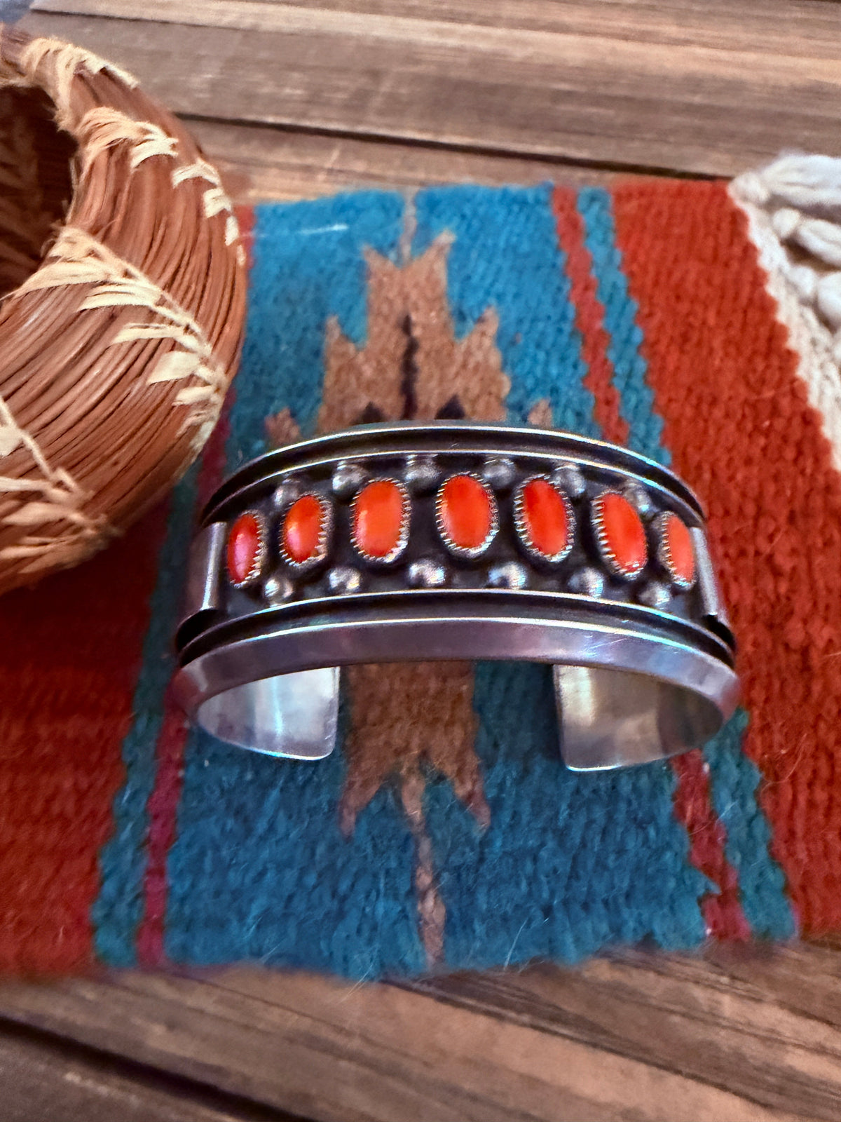 Handcrafted Old Pawn Sterling Silver & Coral Cuff Bracelet