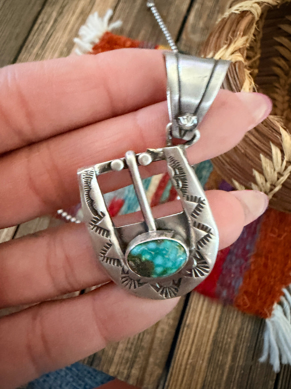 Handcrafted Sterling Silver & Turquoise Belt Buckle Pendant by Leroy James
