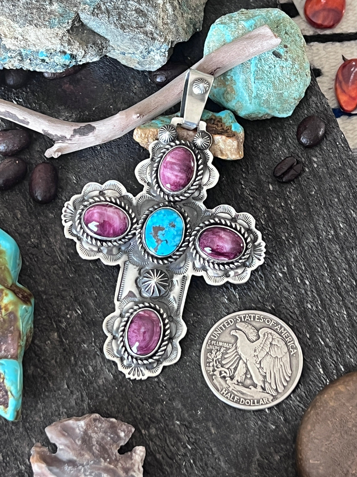 Hand Stamped Sterling Silver, Kingman Turquoise & Purple Spiny Oyster Cross Pendant by Kimari Somers