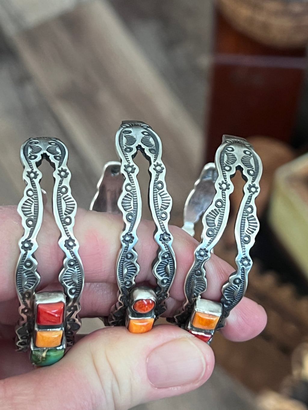Handcrafted Electric Rainbow Sterling Silver, Sonoran Mountain Turquoise and Spiny Oyster Stacker Cuff Bracelets by Raymond Coriz