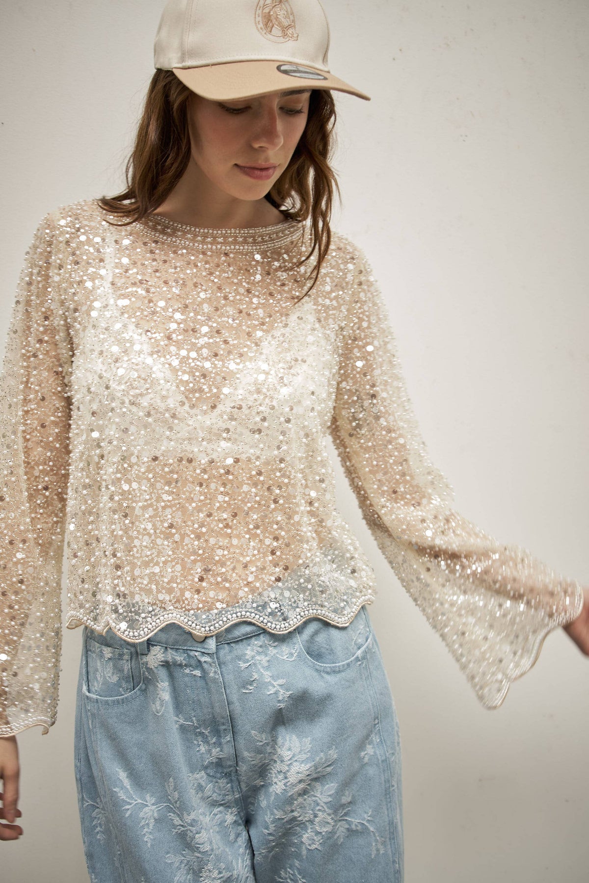 Sequin beads long sleeve top