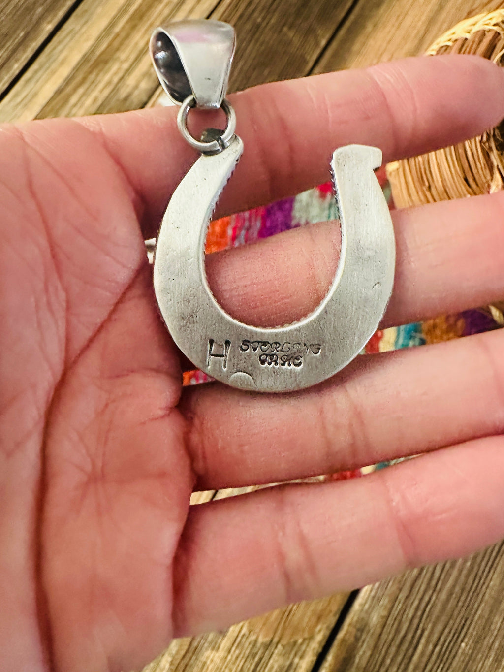 Handcrafted Sterling Silver and Golden Hills Turquoise Horseshoe Pendant