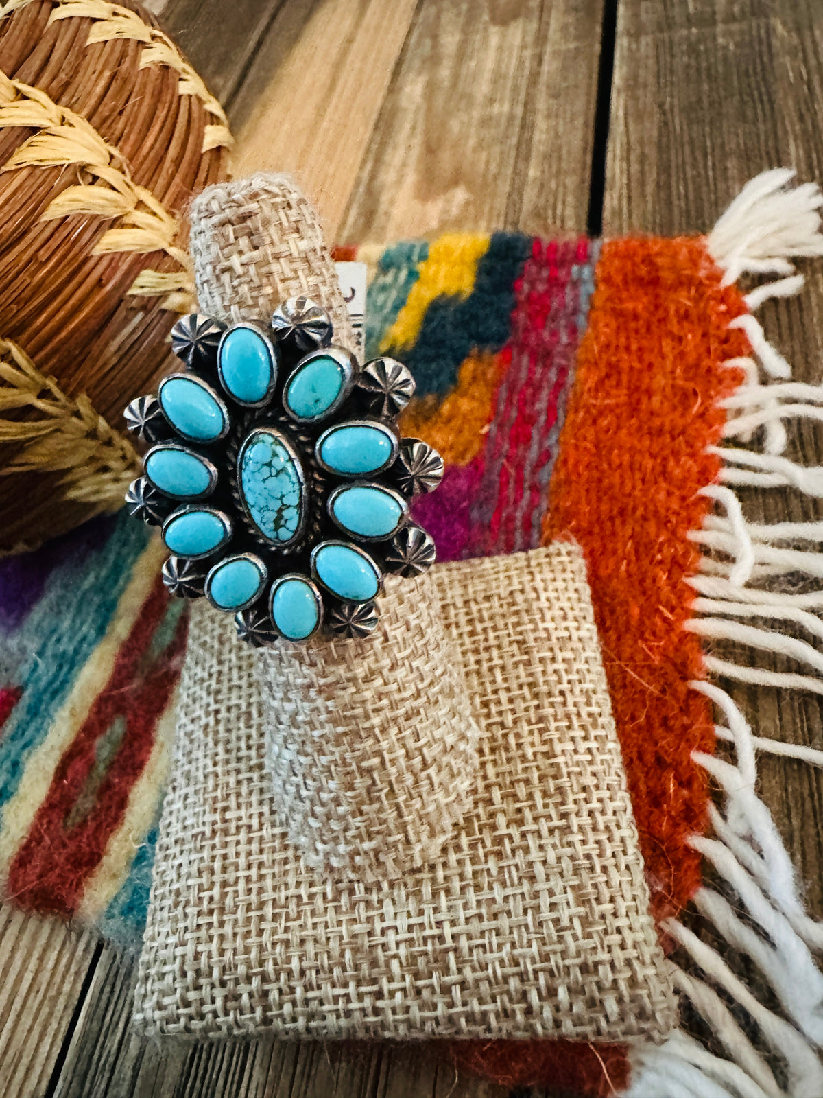 Handcrafted Kingman Turquoise & Sterling Silver Adjustable Cluster Ring