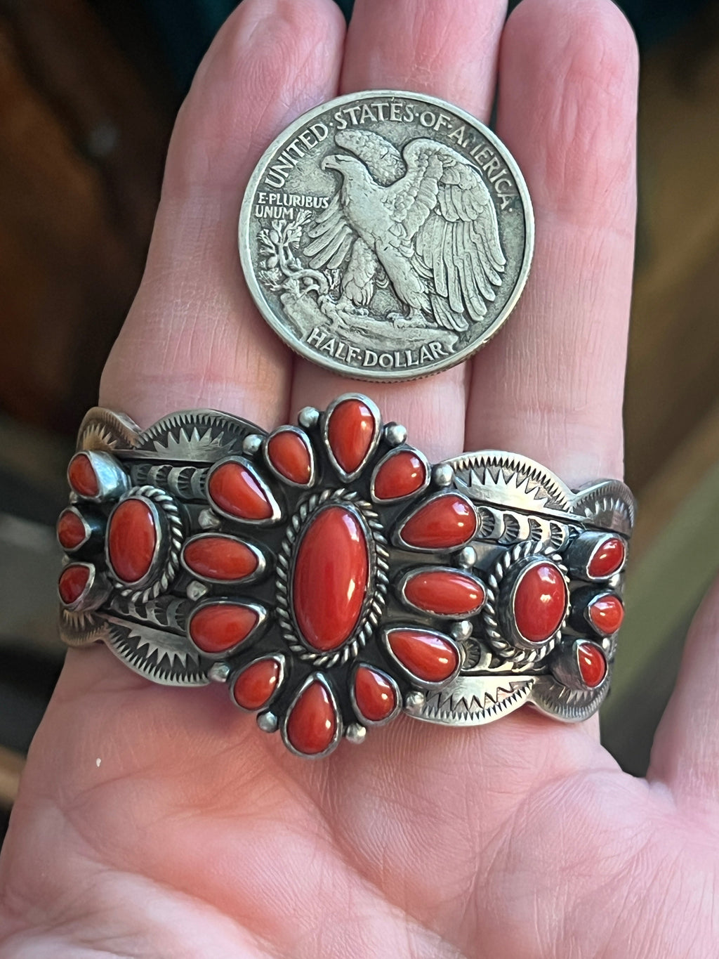 Handcrafted Sterling Silver and Mediterranean Coral Cluster Cuff Bracelet by Murphy Platero