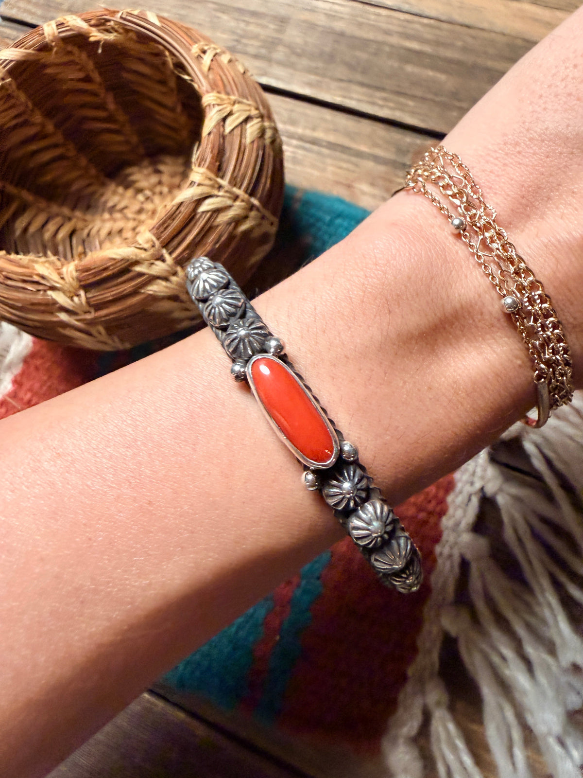 Handcrafted Sterling Silver and Coral Cuff Bracelet by Albert Jake