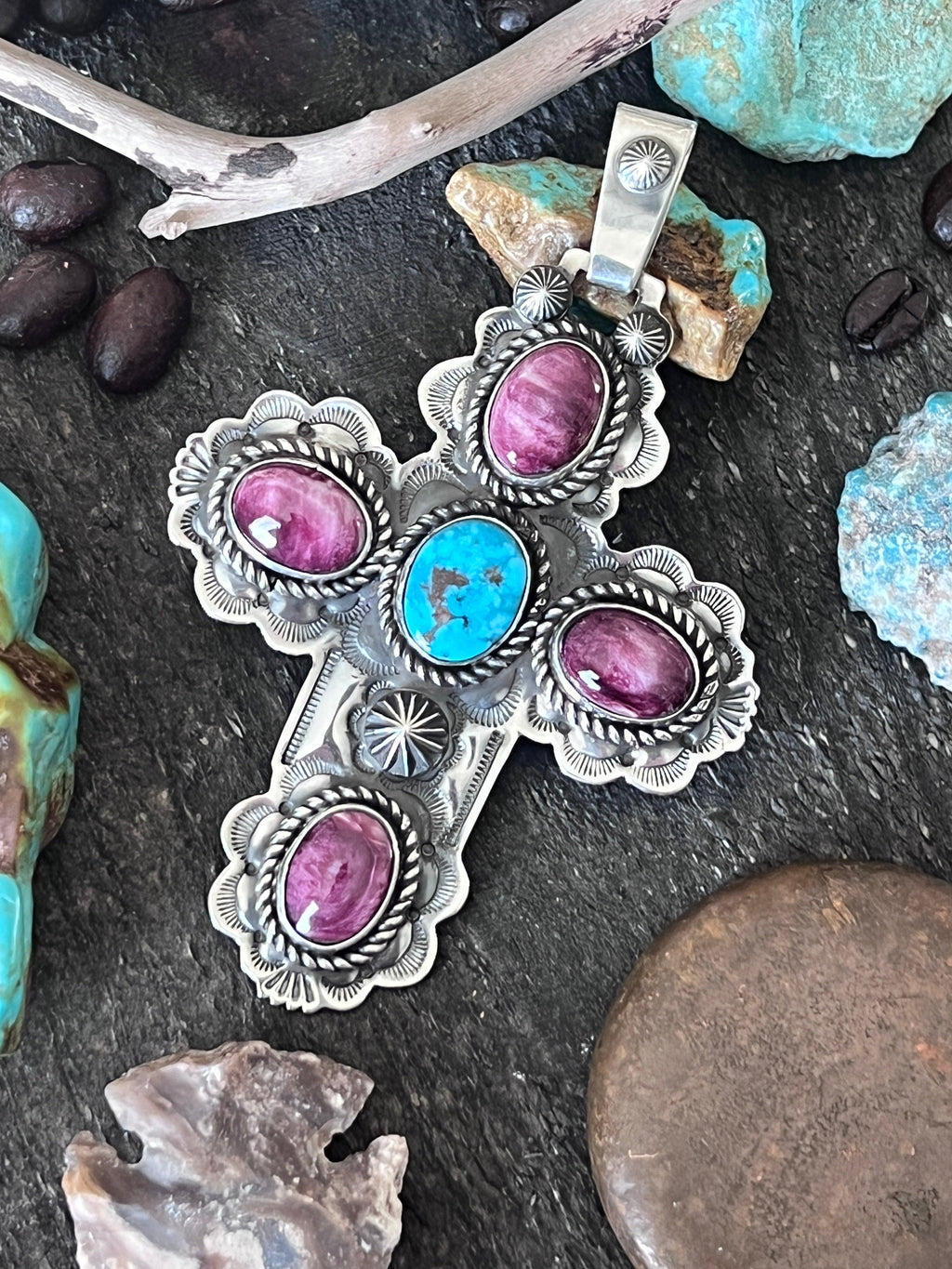 Hand Stamped Sterling Silver, Kingman Turquoise & Purple Spiny Oyster Cross Pendant by Kimari Somers