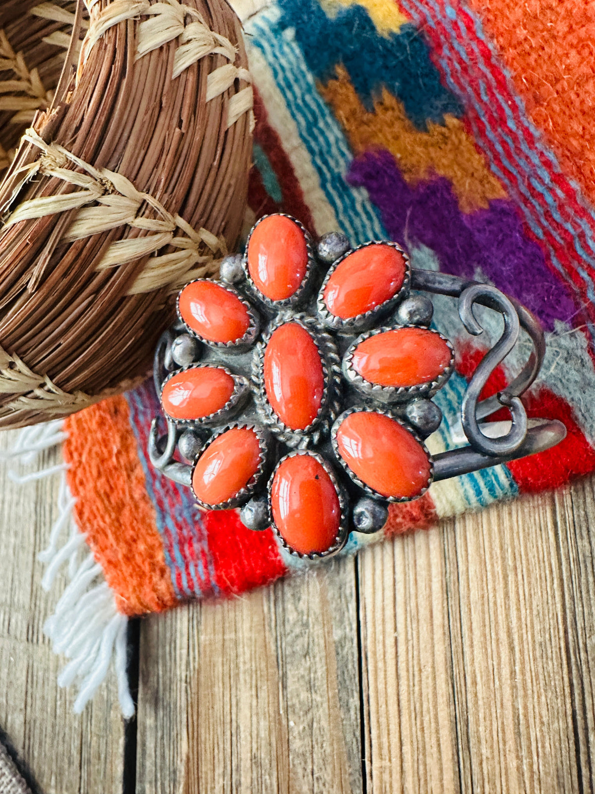 Handcrafted Old Pawn Sterling Silver & Coral Cluster Cuff Bracelet