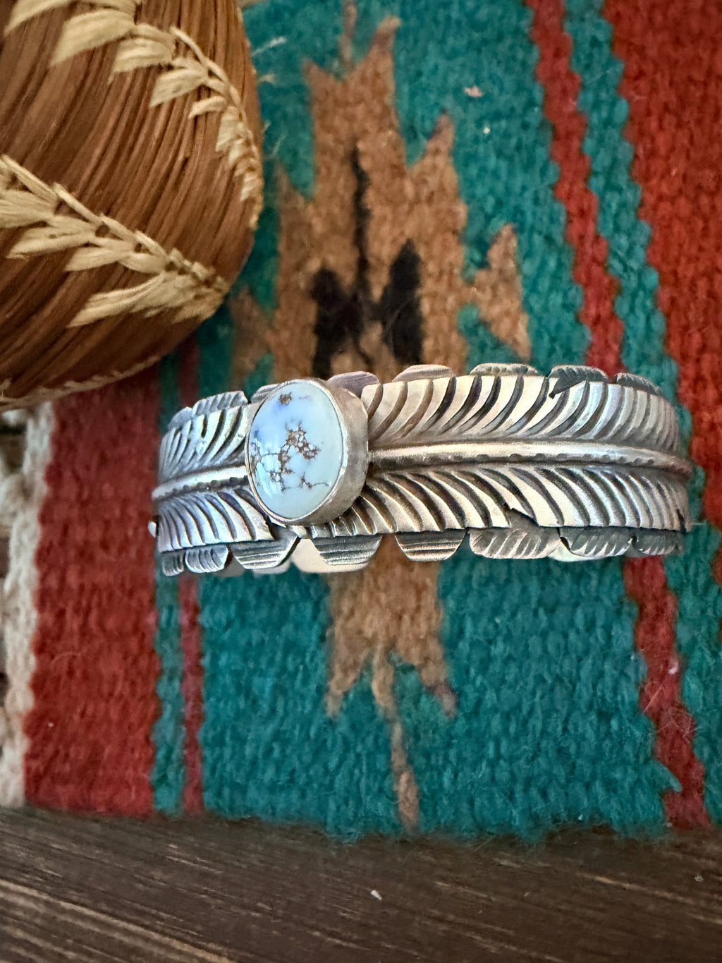 Handcrafted Golden Hill Turquoise & Sterling Silver Feather Cuff Bracelet
