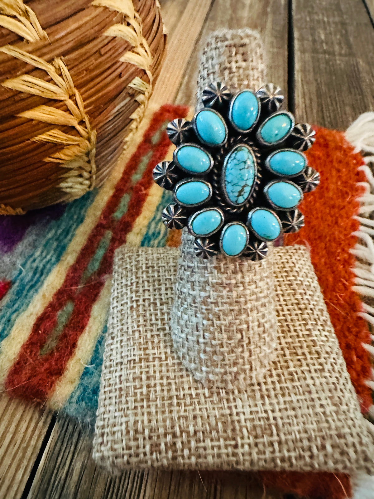Handcrafted Kingman Turquoise & Sterling Silver Adjustable Cluster Ring