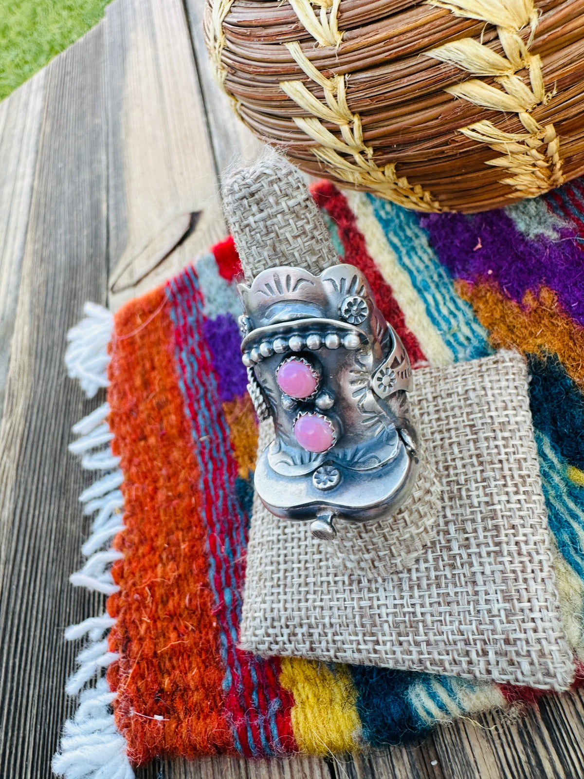 Handcrafted Queen Pink Conch & Sterling Silver Saddle Ring Size 8 by Tim Yazzie