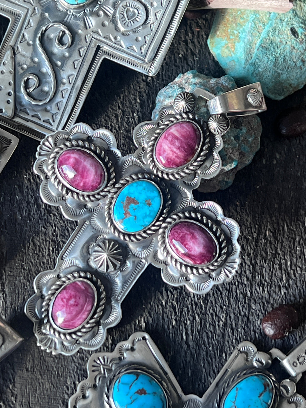 Hand Stamped Sterling Silver, Kingman Turquoise & Purple Spiny Oyster Cross Pendant by Kimari Somers