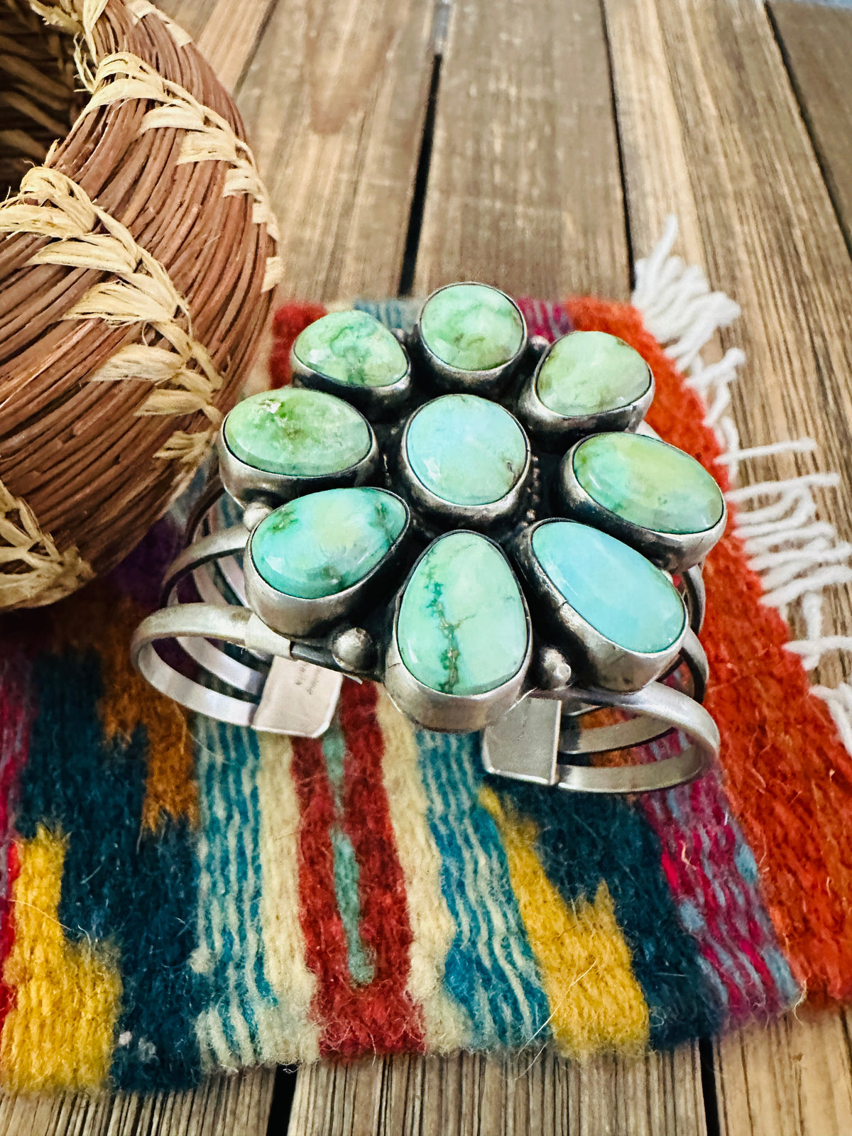Handcrafted Sonoran Mountain Turquoise & Sterling Silver Cluster Cuff Bracelet by Sheila Becenti