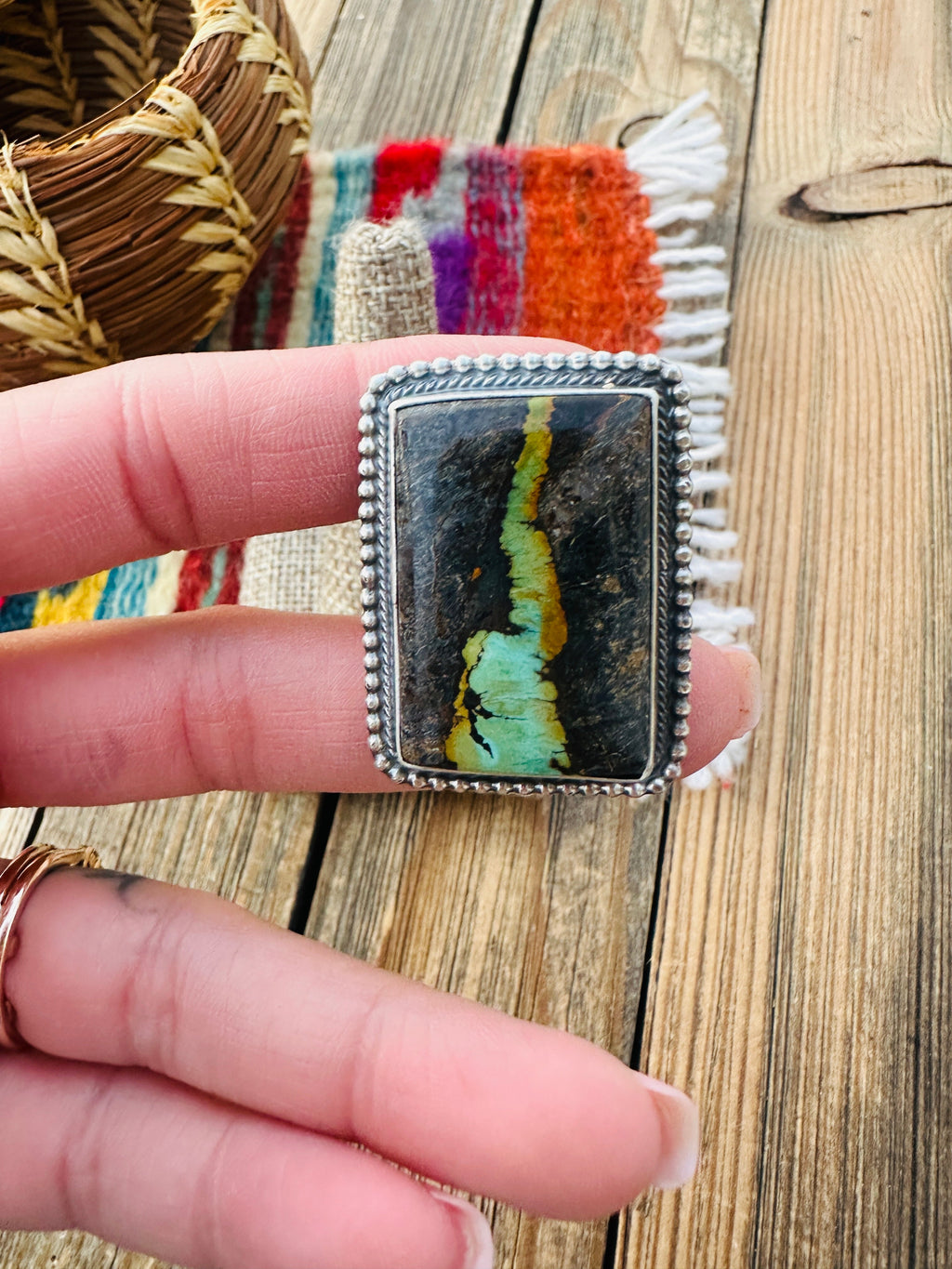 Handcrafted Blackjack Turquoise & Sterling Silver Ring Size 6