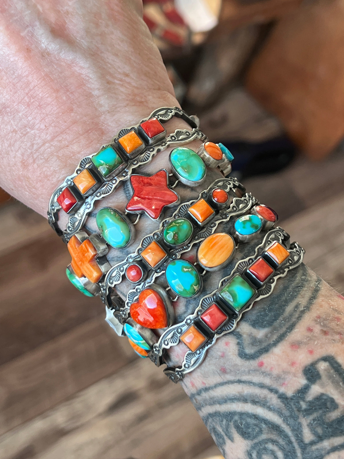 Handcrafted Electric Rainbow Sterling Silver, Sonoran Mountain Turquoise and Spiny Oyster Stacker Cuff Bracelets by Raymond Coriz