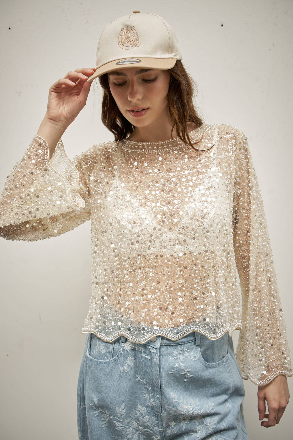 Sequin beads long sleeve top