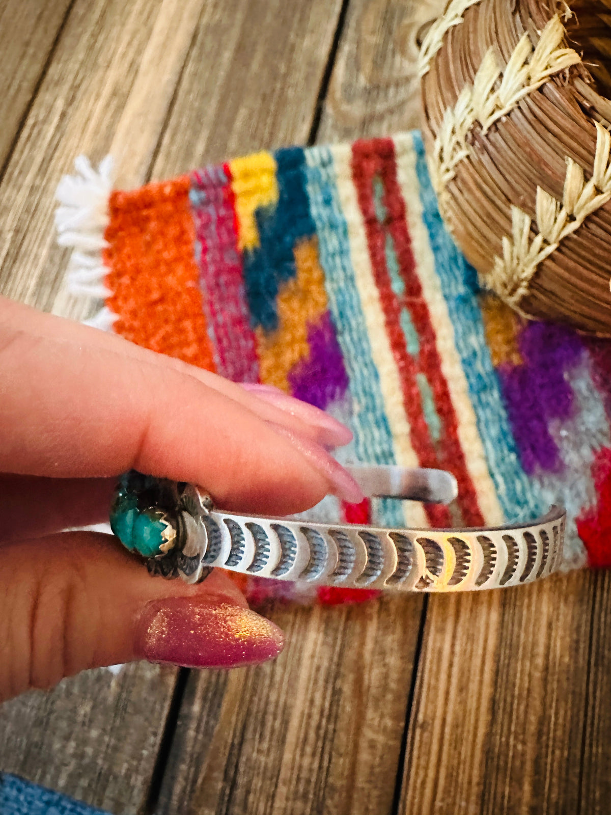 Handcrafted Sterling Silver & Turquoise Cuff Bracelet by Russell Sam