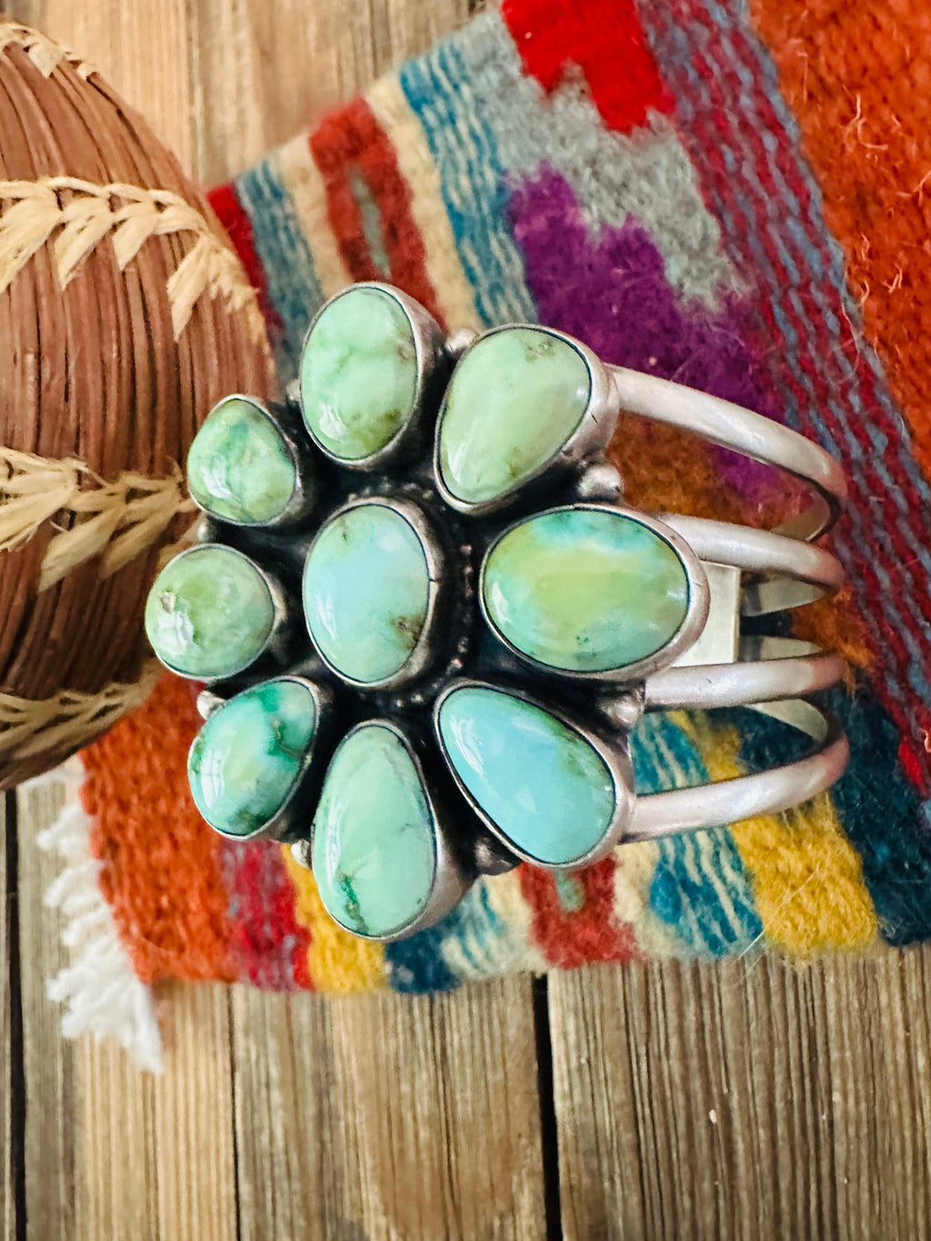 Handcrafted Sonoran Mountain Turquoise & Sterling Silver Cluster Cuff Bracelet by Sheila Becenti