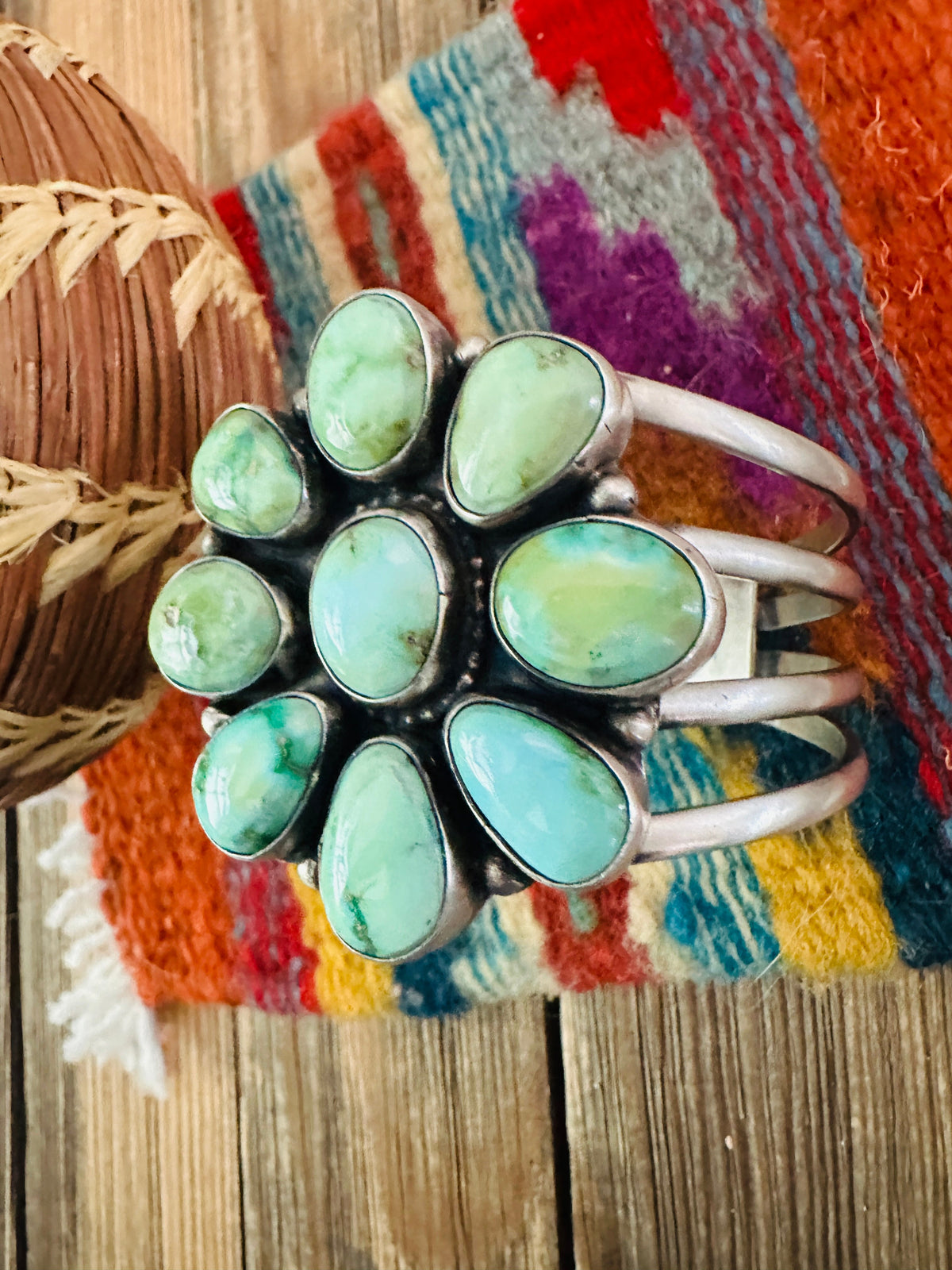 Handcrafted Sonoran Mountain Turquoise & Sterling Silver Cluster Cuff Bracelet by Sheila Becenti