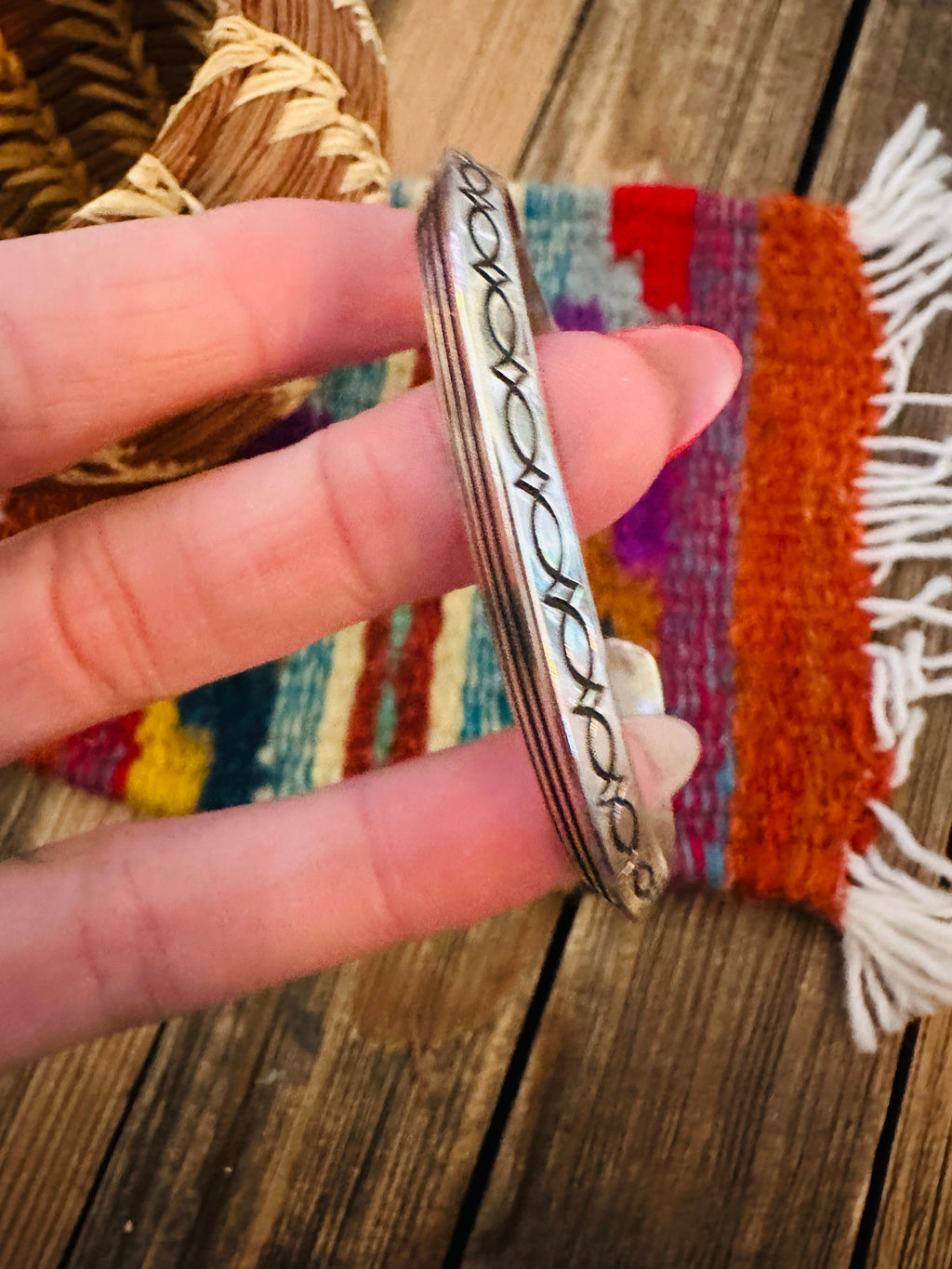 Hand Stamped Sterling Silver Cuff Bracelet by Wylie Secatero