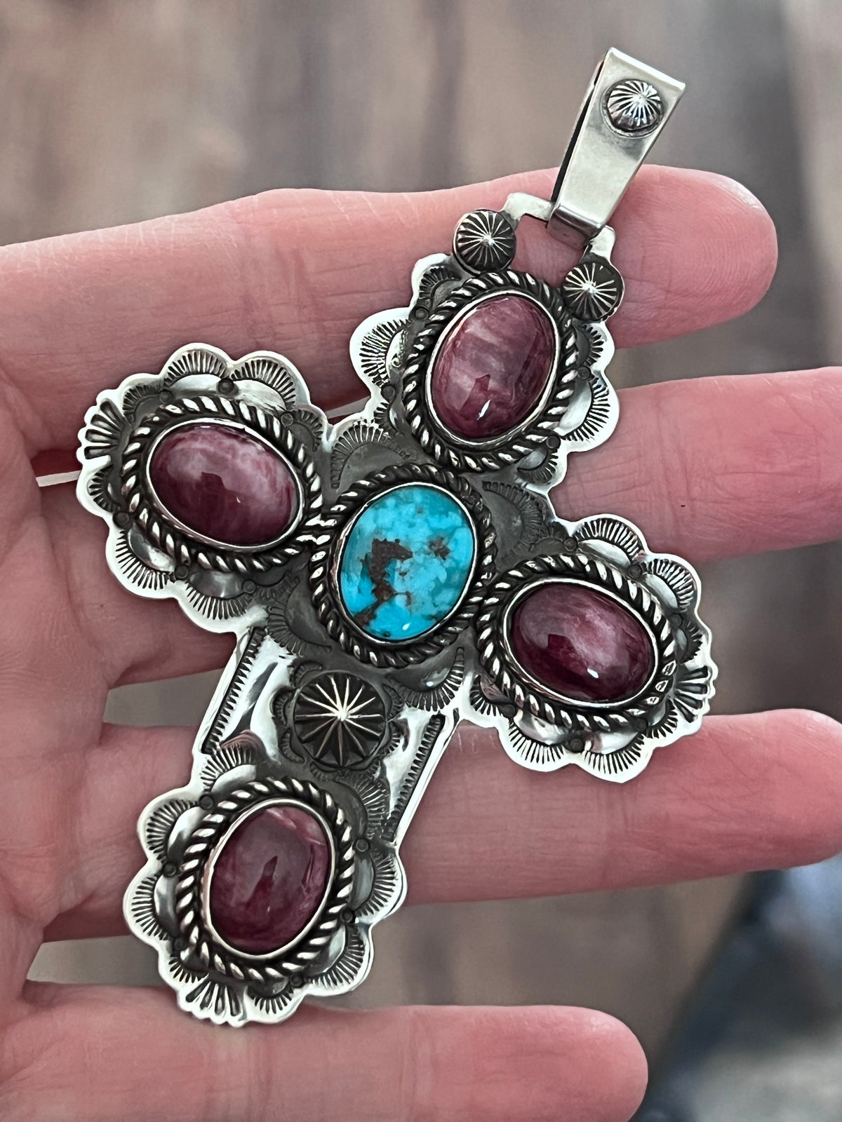 Hand Stamped Sterling Silver, Kingman Turquoise & Purple Spiny Oyster Cross Pendant by Kimari Somers