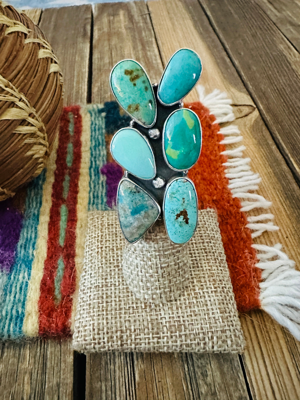 Handcrafted Turquoise & Sterling Silver Cluster Adjustable Ring