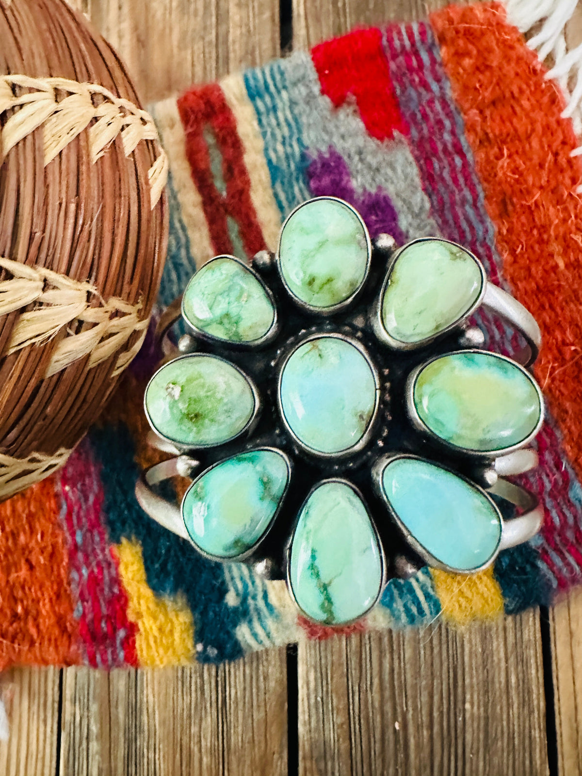 Handcrafted Sonoran Mountain Turquoise & Sterling Silver Cluster Cuff Bracelet by Sheila Becenti