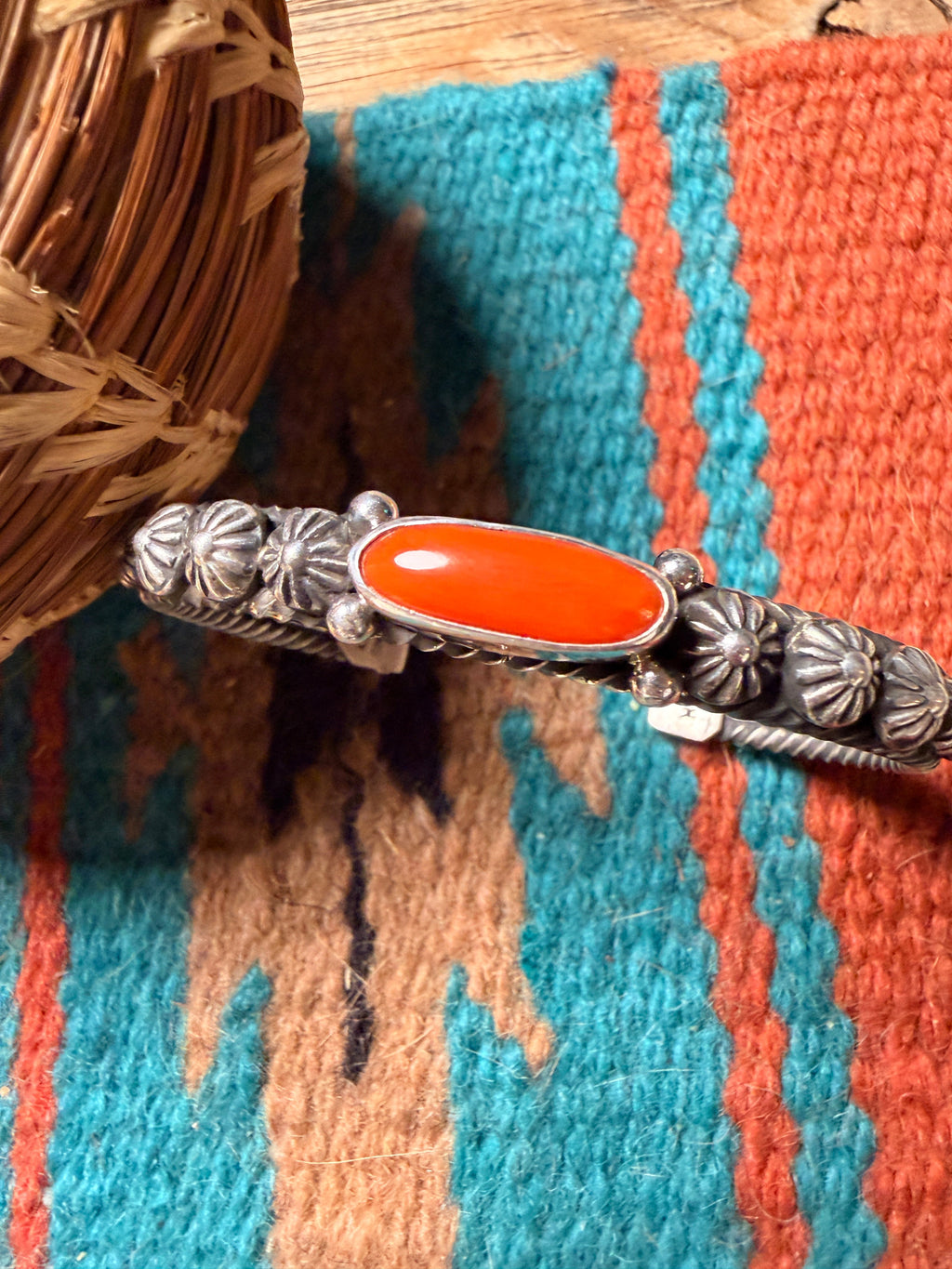 Handcrafted Sterling Silver and Coral Cuff Bracelet by Albert Jake
