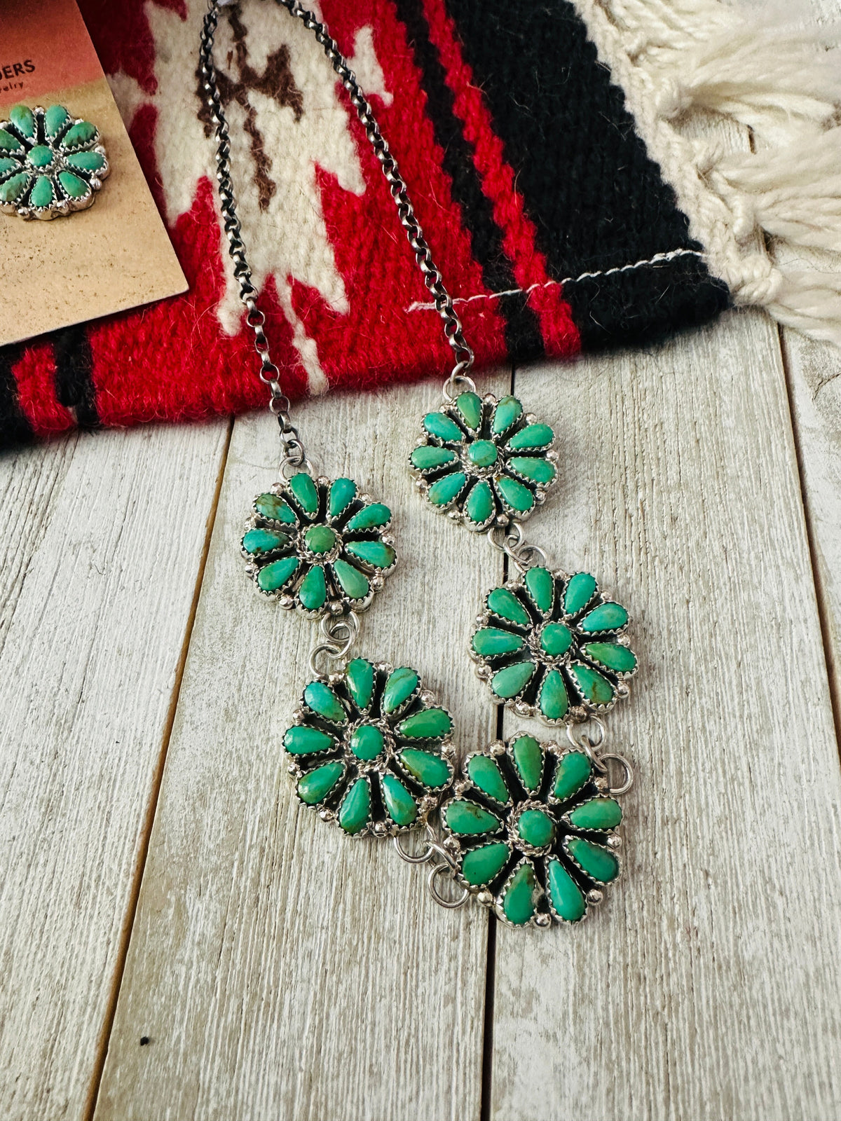 Handcrafted Sterling Silver & Turquoise Cluster Necklace and Earring Set