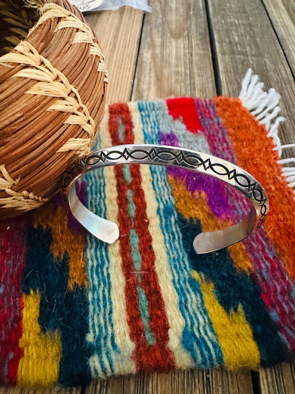 Hand Stamped Sterling Silver Cuff Bracelet by Wylie Secatero