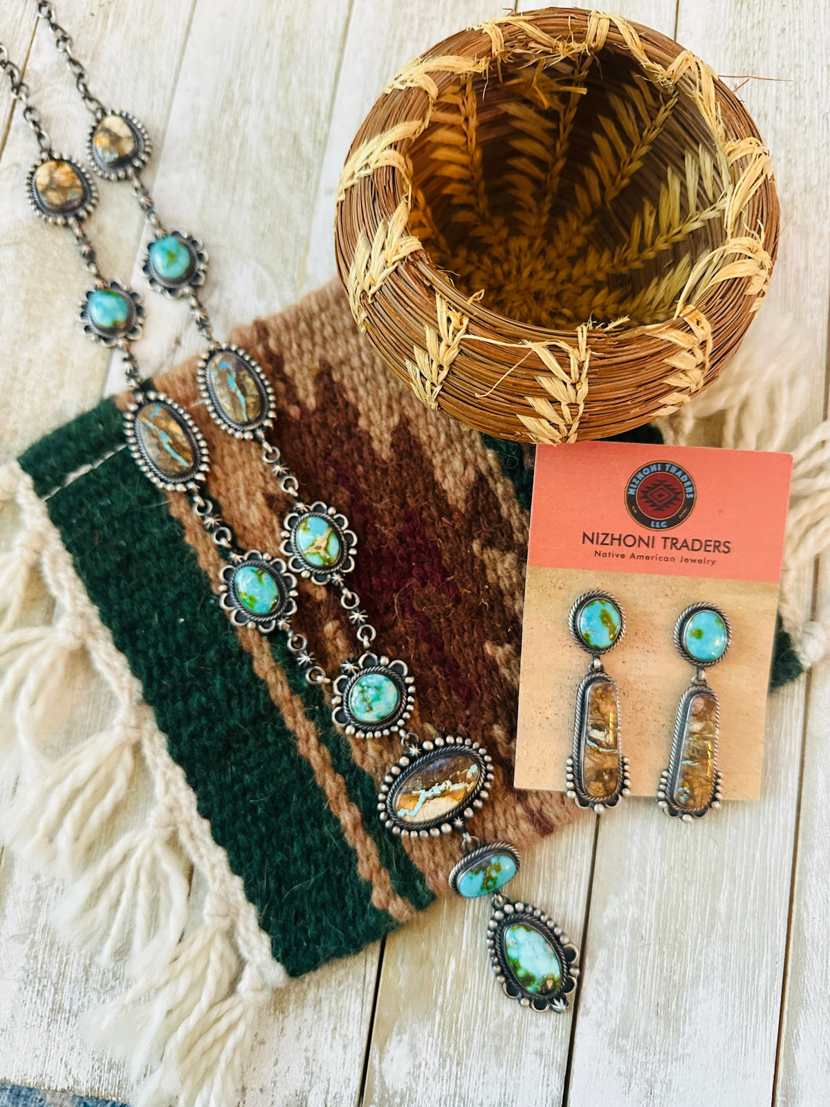 Handcrafted Sterling Silver, Ribbon and Sonoran Turquoise Necklace and Earring Set by Diane Wylie