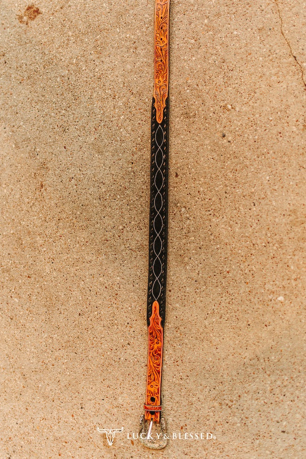 Tooled Leather Western Belt with Black Inlay & Buckstitch Detail