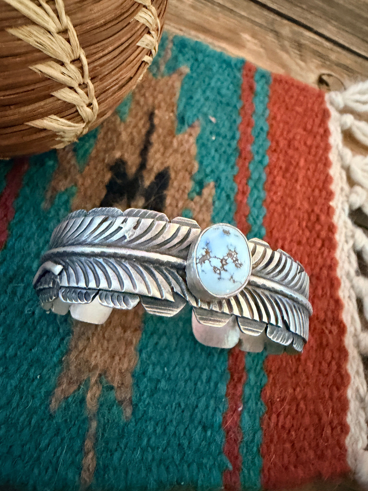 Handcrafted Golden Hill Turquoise & Sterling Silver Feather Cuff Bracelet