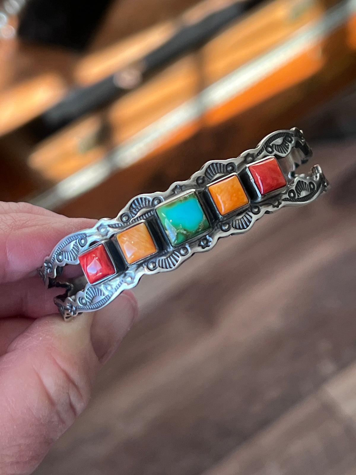 Handcrafted Electric Rainbow Sterling Silver, Sonoran Mountain Turquoise and Spiny Oyster Stacker Cuff Bracelets by Raymond Coriz