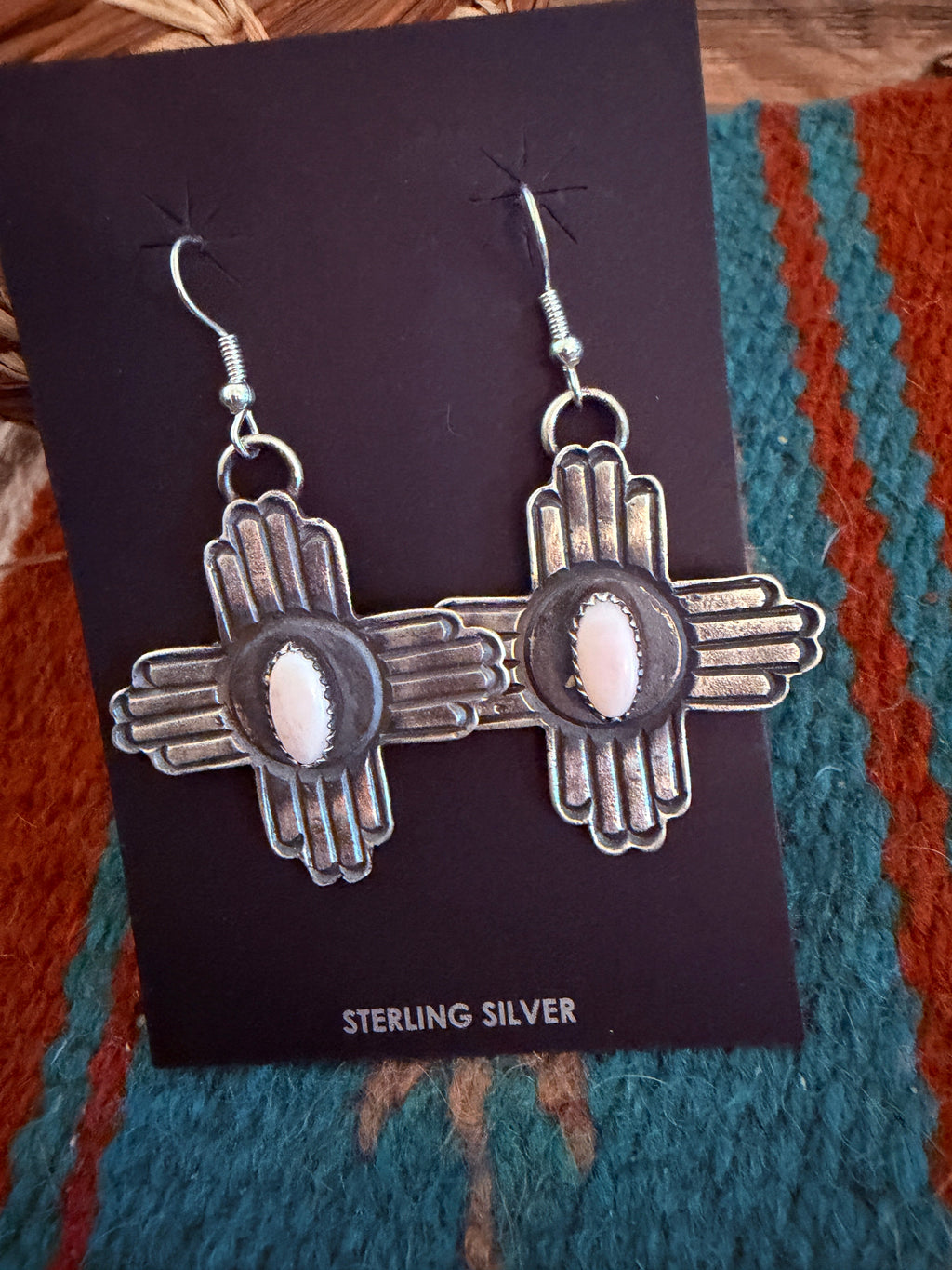 Handcrafted Queen Pink Conch & Sterling Silver Zia Cross Dangle Earrings by Kevin Billah