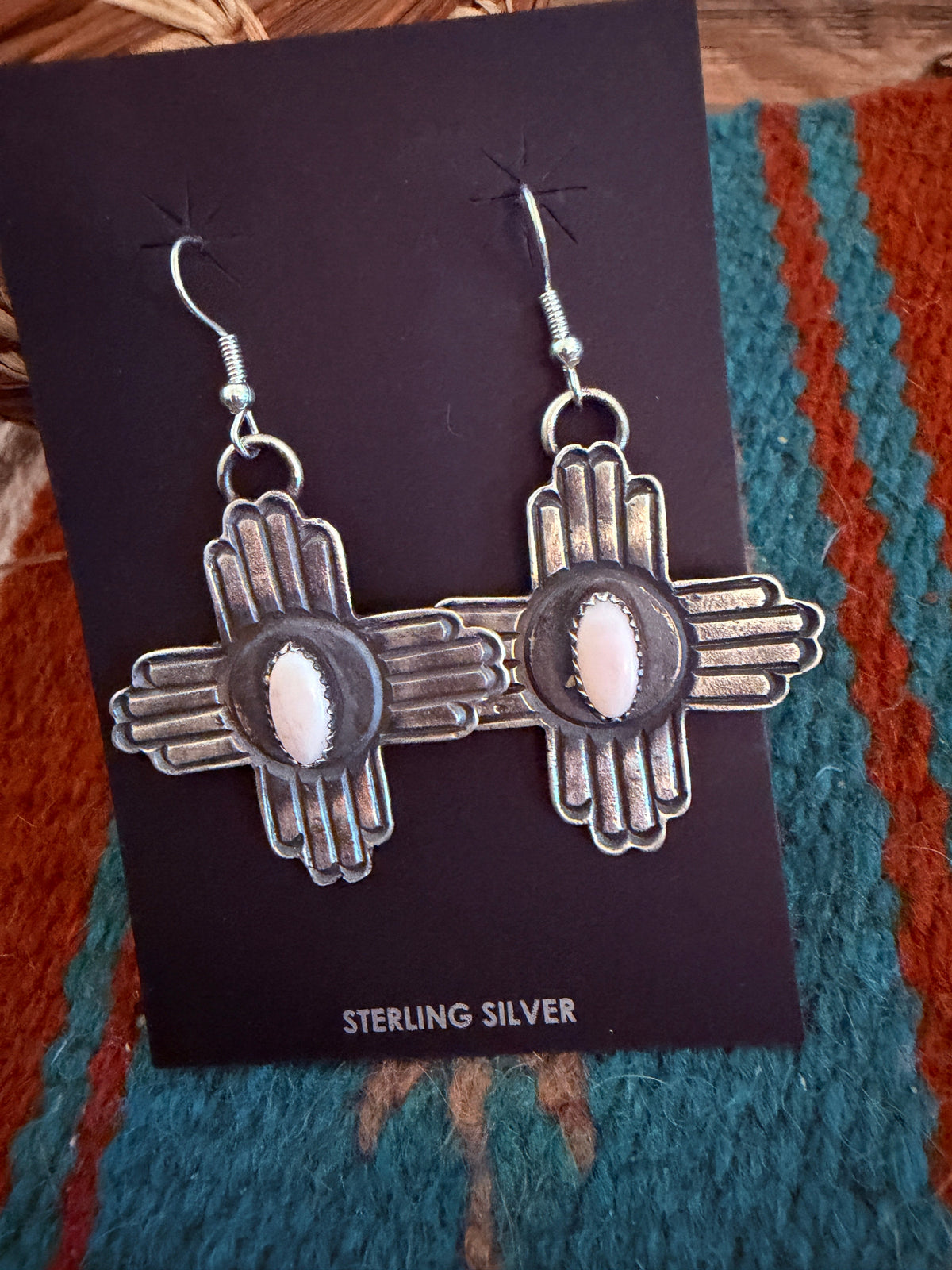 Handcrafted Queen Pink Conch & Sterling Silver Zia Cross Dangle Earrings by Kevin Billah