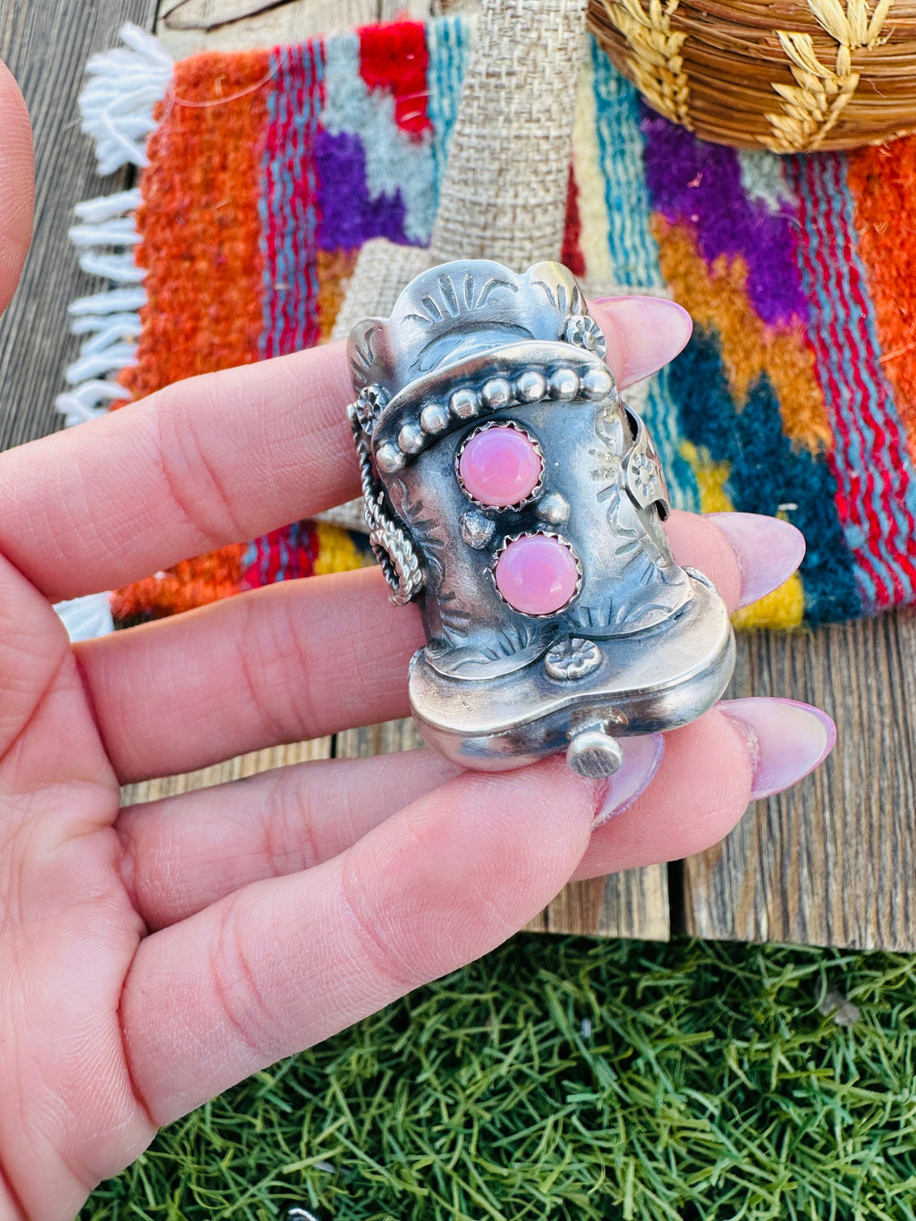 Handcrafted Queen Pink Conch & Sterling Silver Saddle Ring Size 8 by Tim Yazzie