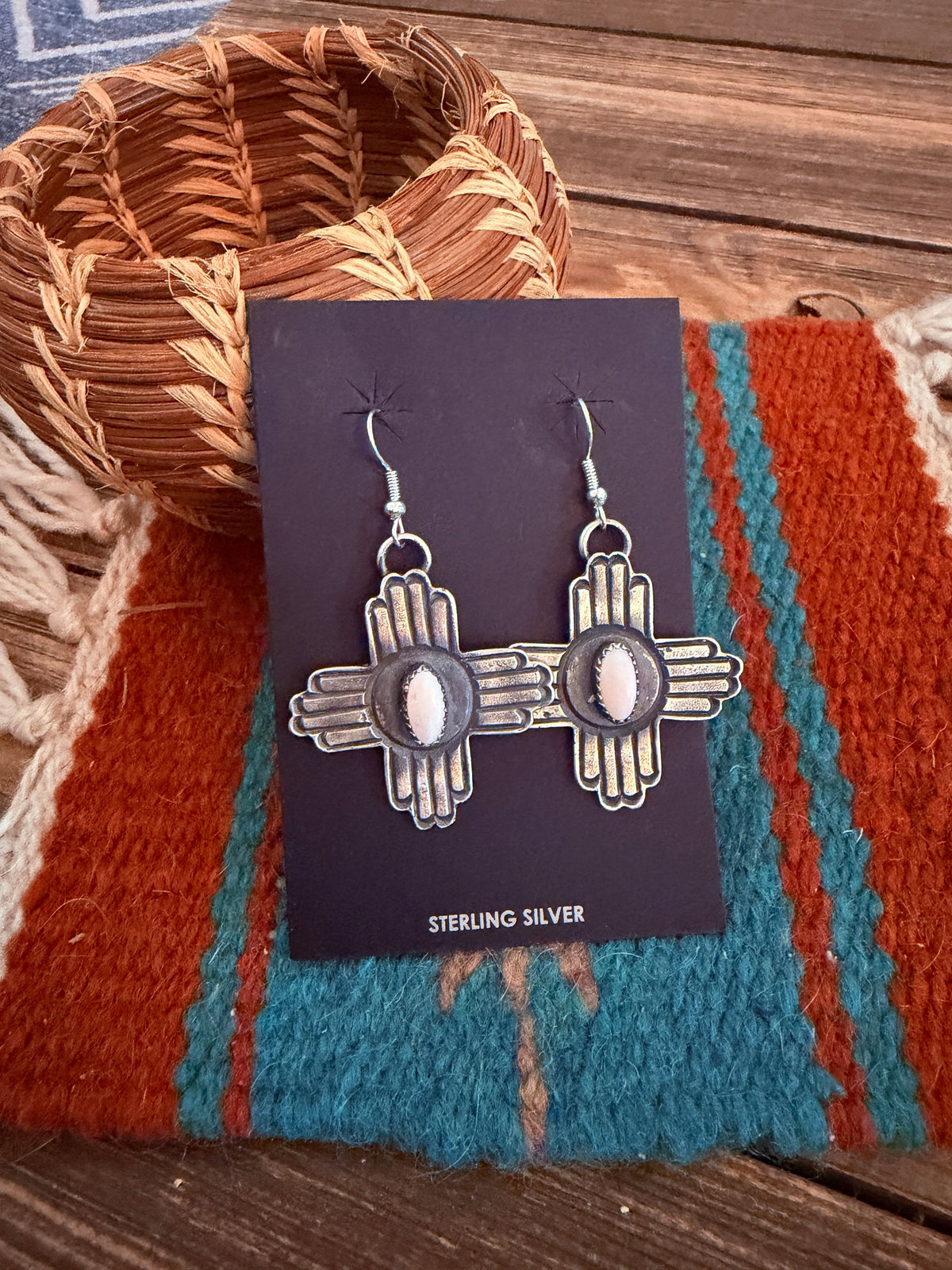 Handcrafted Queen Pink Conch & Sterling Silver Zia Cross Dangle Earrings by Kevin Billah