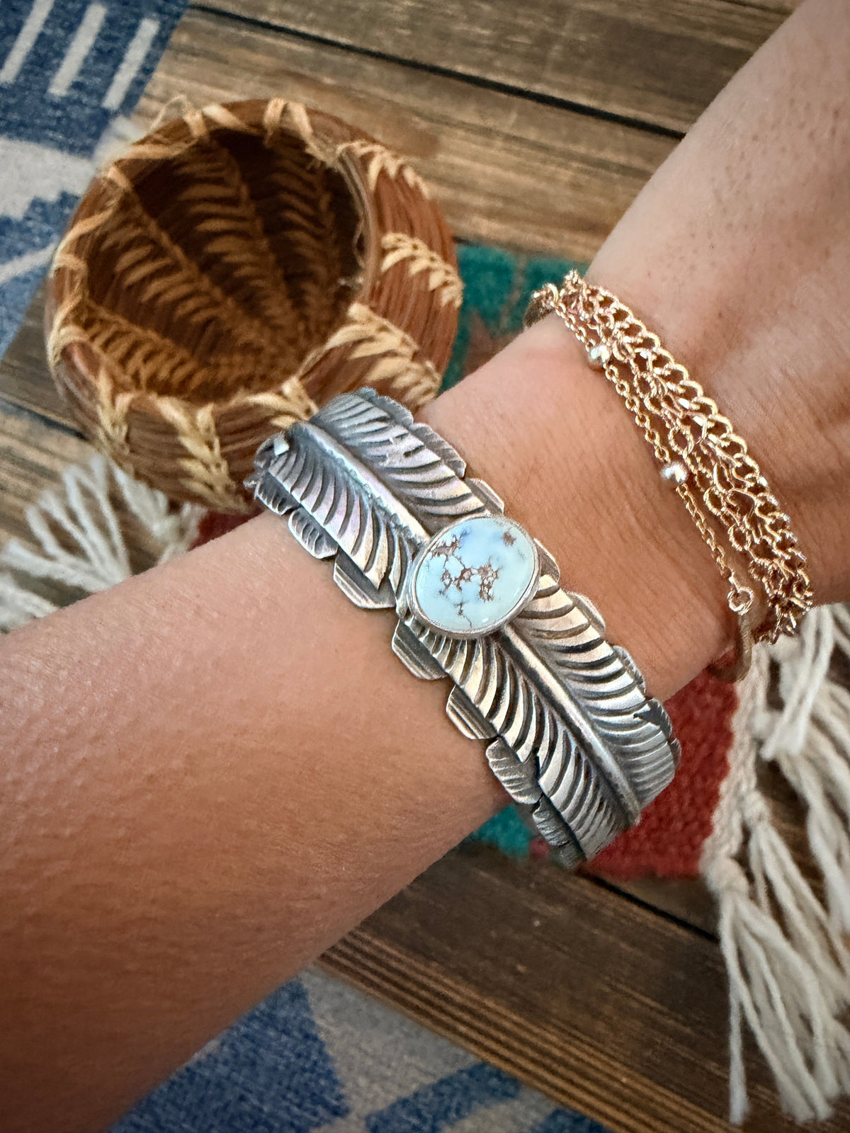 Handcrafted Golden Hill Turquoise & Sterling Silver Feather Cuff Bracelet
