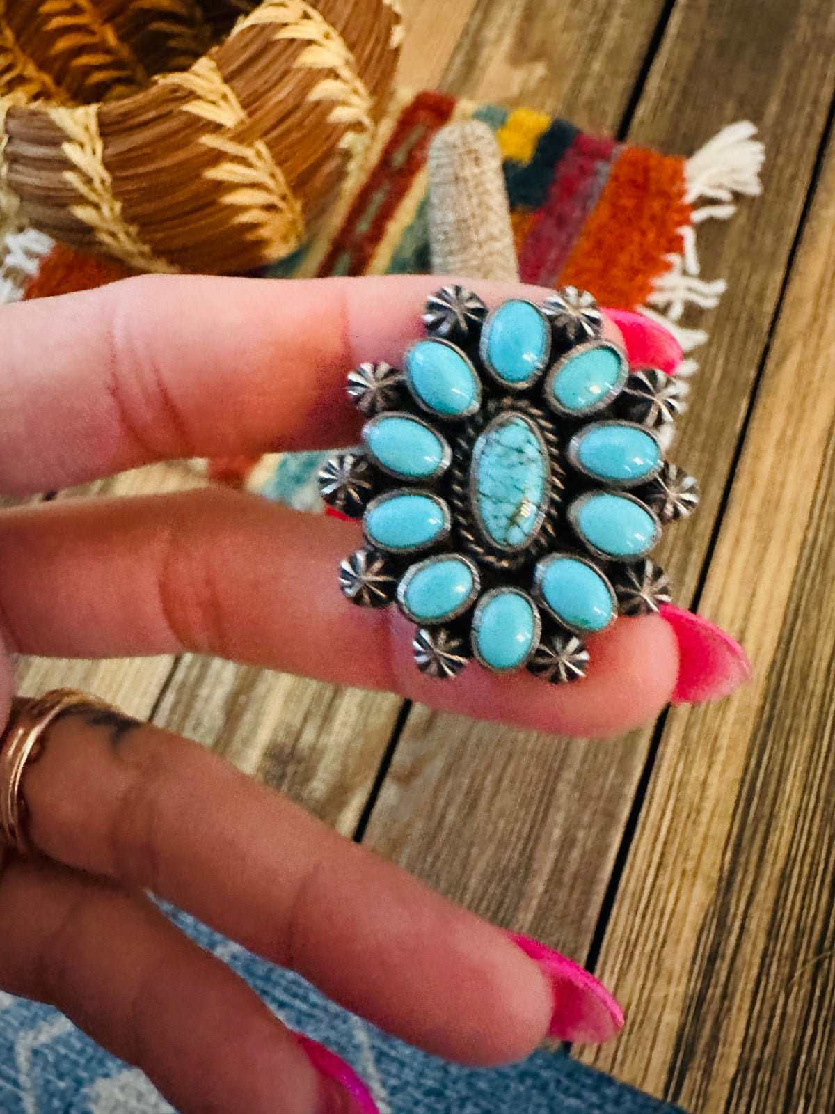 Handcrafted Kingman Turquoise & Sterling Silver Adjustable Cluster Ring