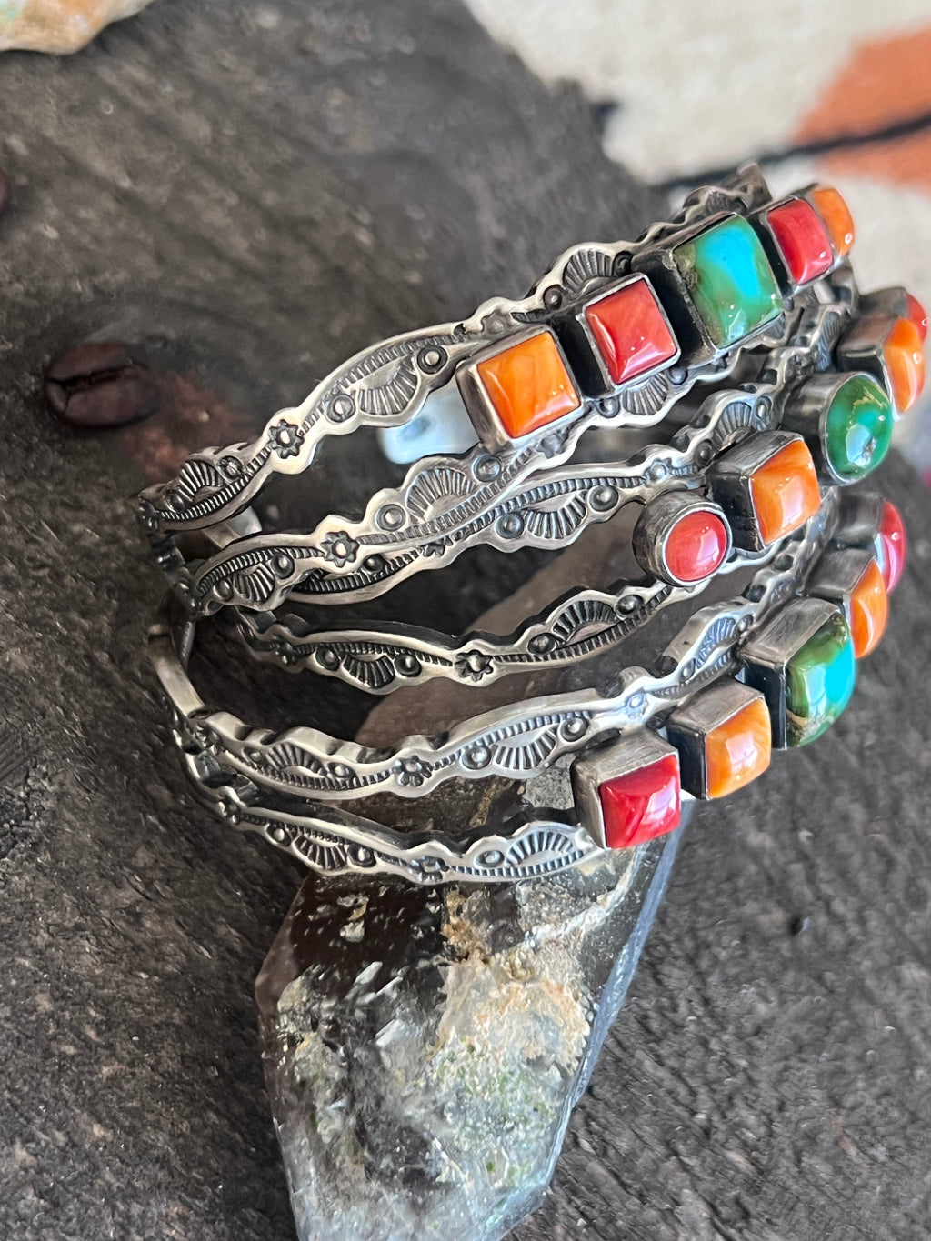 Handcrafted Electric Rainbow Sterling Silver, Sonoran Mountain Turquoise and Spiny Oyster Stacker Cuff Bracelets by Raymond Coriz