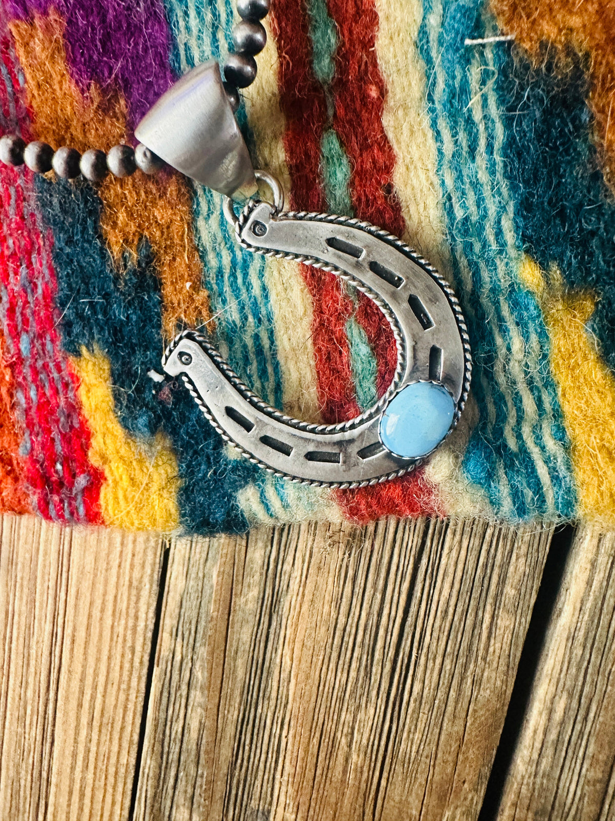 Handcrafted Sterling Silver and Golden Hills Turquoise Horseshoe Pendant