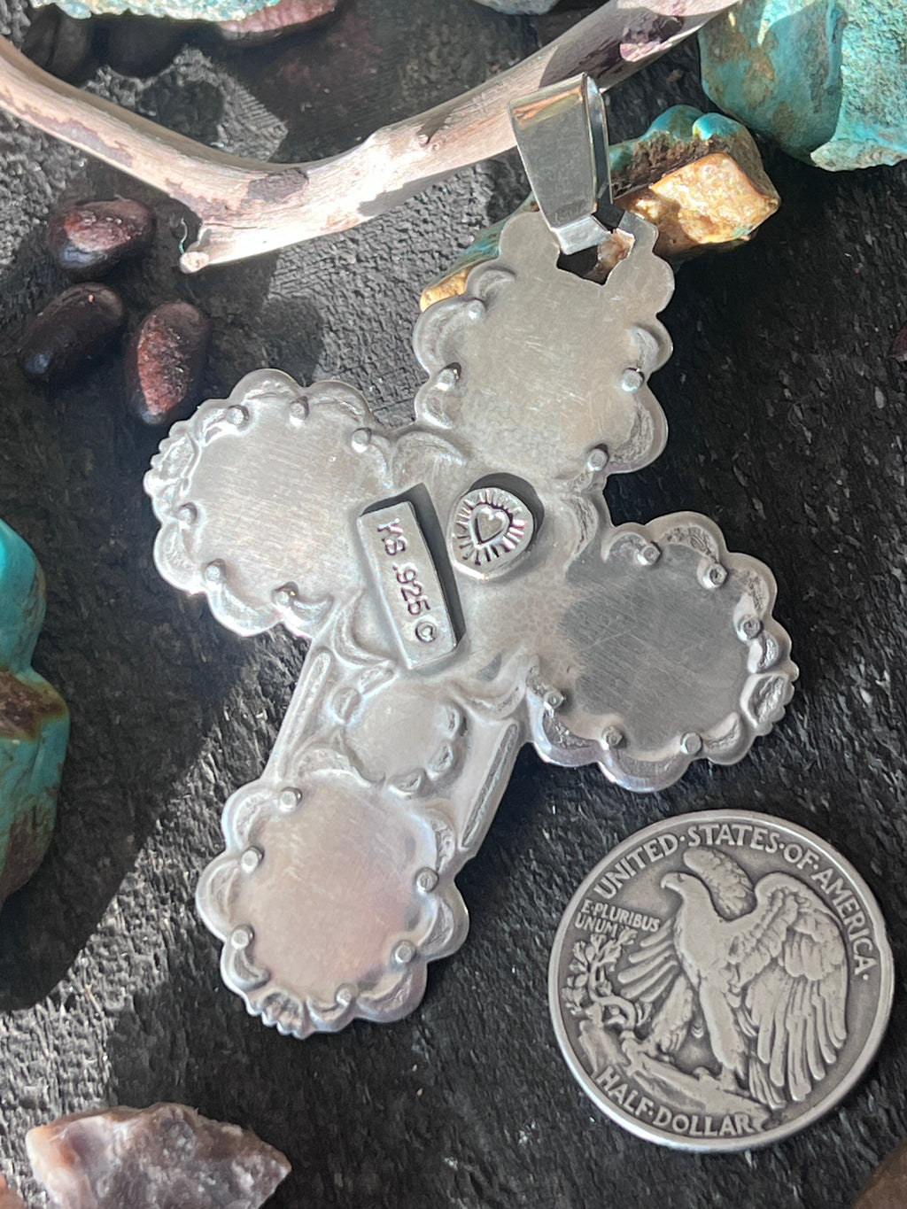 Hand Stamped Sterling Silver, Kingman Turquoise & Purple Spiny Oyster Cross Pendant by Kimari Somers